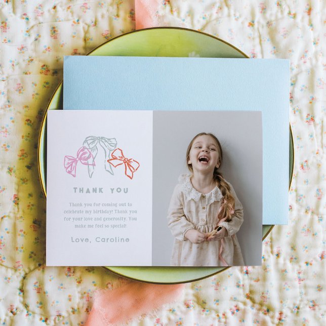 Ribbons and Bows Colorful Watercolor Thank You (Ribbons and Bows watercolor birthday girl photo Thank You card.)