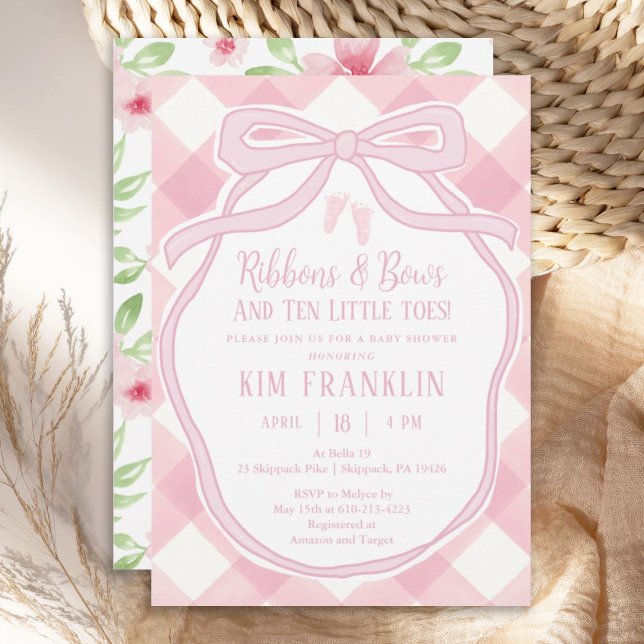 Ribbons and Bows Pink Gingham Girl Baby Shower Invitation (Creator Uploaded)