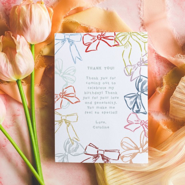 Ribbons and Bows Watercolor Birthday Thank You Card (Ribbons and Bows birthday party Thank You card.)