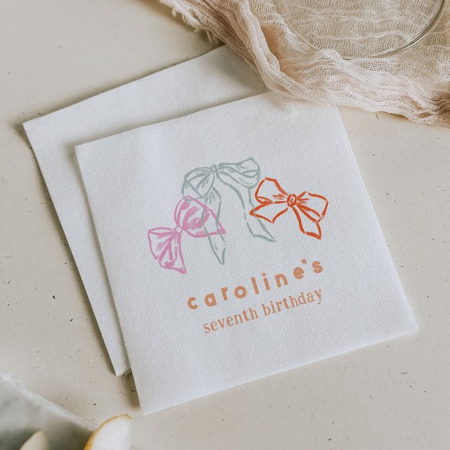 Ribbons and Bows Watercolor Girls Birthday Party Napkins (Ribbons and Bows watercolor birthday party napkins.)
