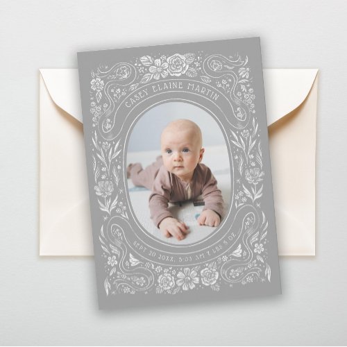 Ribbons and Roses Baby Light Grey Photo Birth Announcement