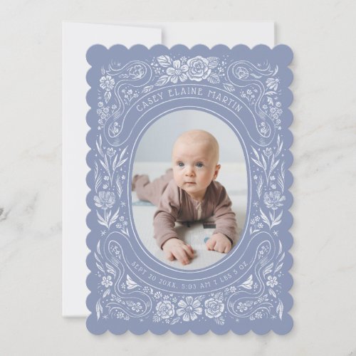 Ribbons and Roses Baby Periwinkle Photo Birth Invitation