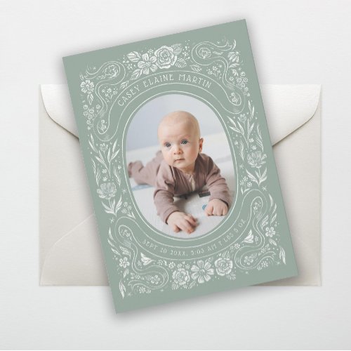 Ribbons and Roses Baby Sage Green Photo Birth Invitation