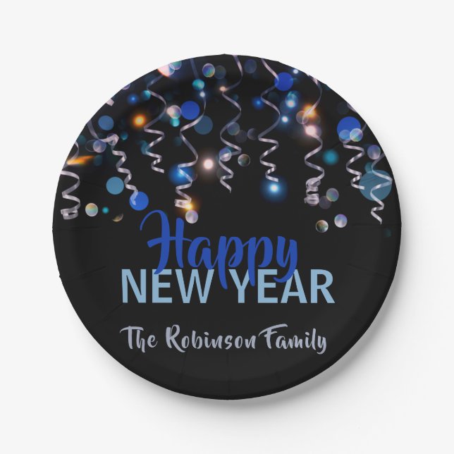 Ribbons Bokeh Lights New Year Party Celebration Paper Plates (Front)