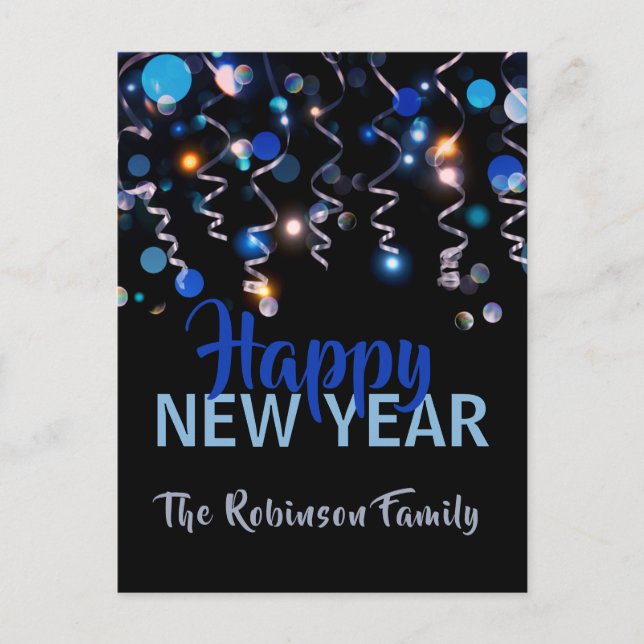 Ribbons Bokeh Lights New Year Party Celebration Postcard (Front)