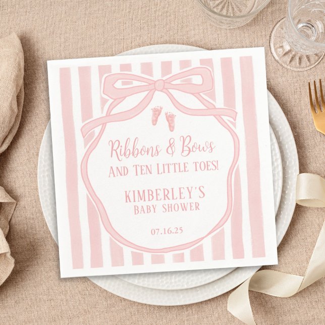 Ribbons Bows Ten Little Toes Bow Girl Baby Shower Napkins (Creator Uploaded)