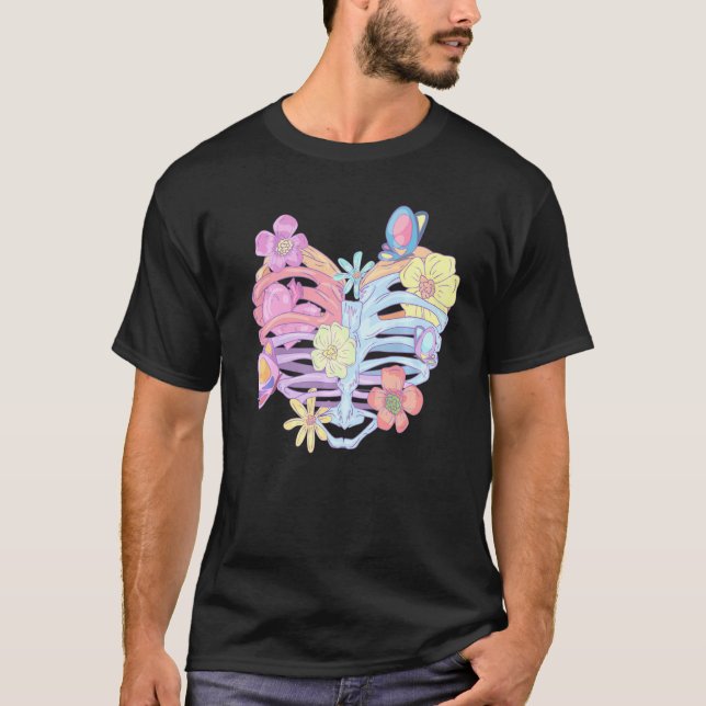 Ribcage Pastel Goth Flowers Butterflies T-Shirt (Front)