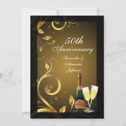 Rich Black and Gold Swirl 50th Anniversary Party Custom Invitation