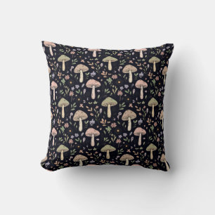 Rich Black Fungi Pattern Gothic Dark Academia Throw Pillow