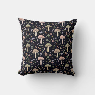 Rich Black Fungi Pattern Gothic Dark Academia Throw Pillow
