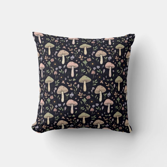Rich Black Fungi Pattern Gothic Dark Academia Throw Pillow (Front)