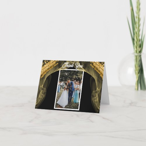 Rich Black  Gold Glitter  2 Photos Wedding Thank You Card