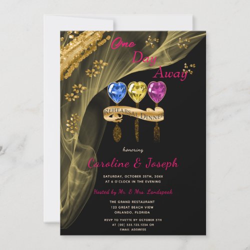 Rich Black  Gold Glitter  Heart Gems Wedding Invitation