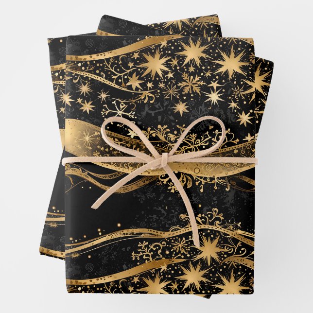 Rich Black & Gold Holiday Wrapping Paper Sheets (In situ)