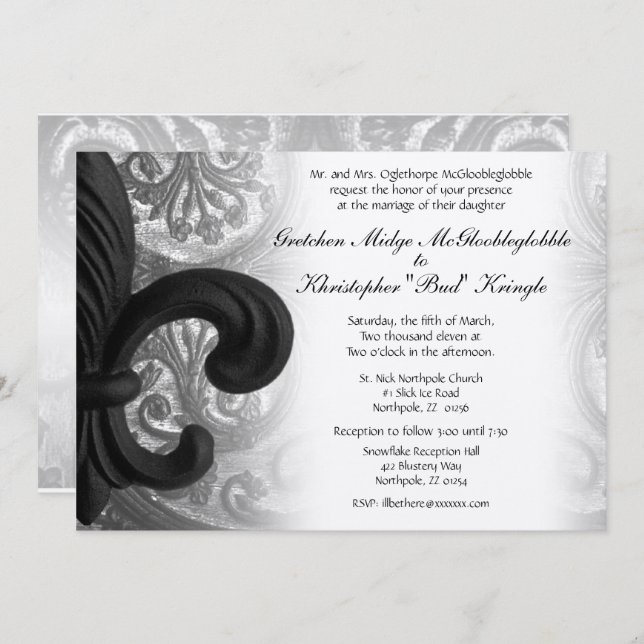 RICH BLACK "iron fleur de lis" Wedding Invitation (Front/Back)
