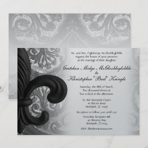 RICH BLACK "iron fleur de lis" Wedding Invitation