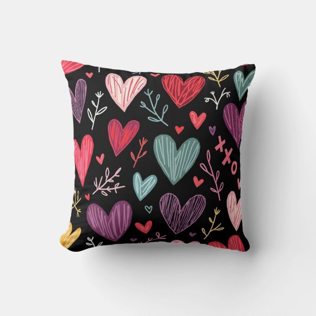 Rich Black Playful Hand-Drawn Hearts Throw Pillow (Front)