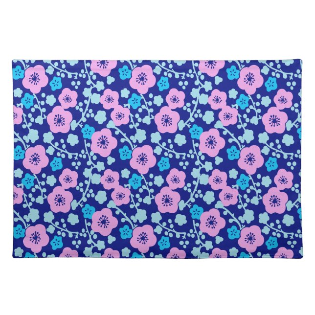 Rich blue and pink floral pattern Japanese Plum Cloth Placemat (Front)