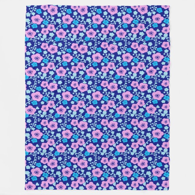 Rich blue and pink floral pattern Japanese Plum Fleece Blanket (Front)