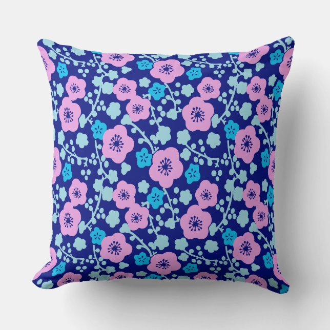 Rich blue and pink floral pattern Japanese Plum Throw Pillow (Front)