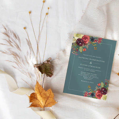 Elegant Blue Floral Winter Wedding Invitation