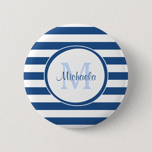 Rich Blue Even Stripes Sleek Name and Monogram Button (Front)