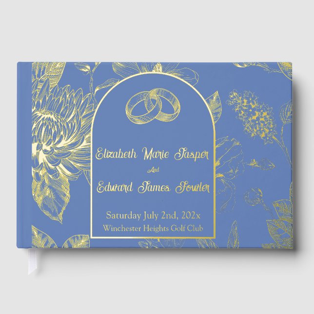 Rich Blue French Floral Toile Floral  Foil Guest Book (Front)