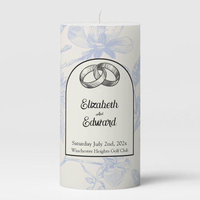 Rich Blue French Floral Toile Floral  Pillar Candle (Front)
