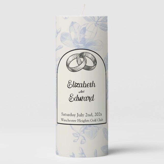 Rich Blue French Floral Toile Floral  Pillar Candle (Front)