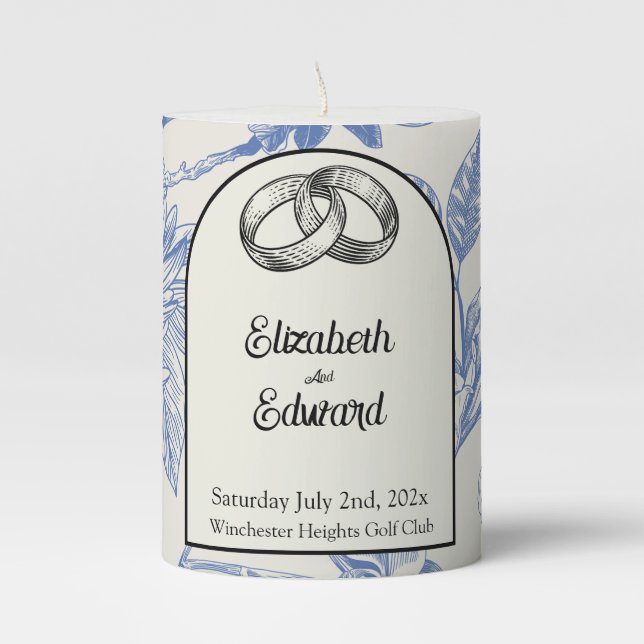 Rich Blue French Floral Toile Floral  Pillar Candle (Front)