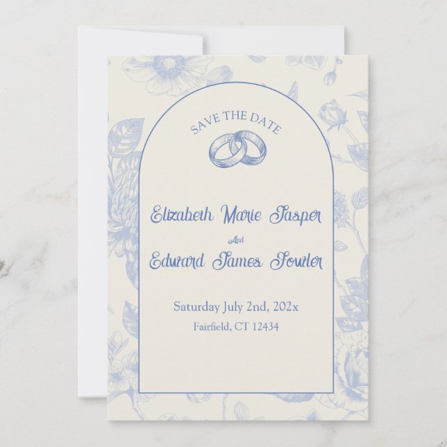 Rich Blue French Floral Toile Floral Save the Date Invitation (Front)