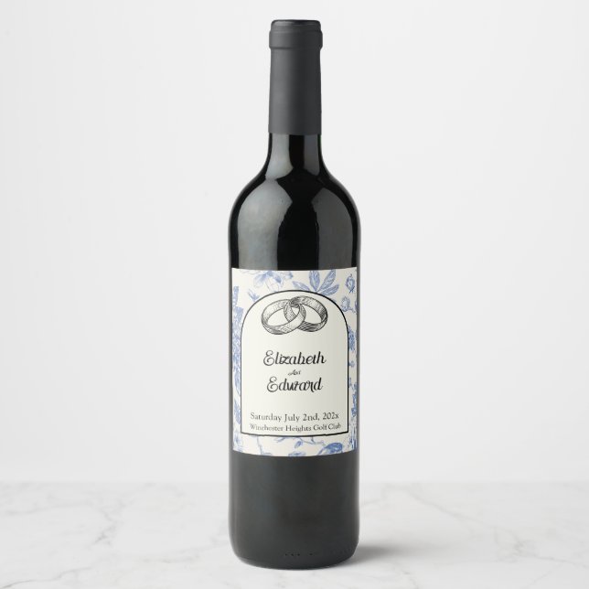 Rich Blue French Floral Toile Floral  Wine Label (Front)