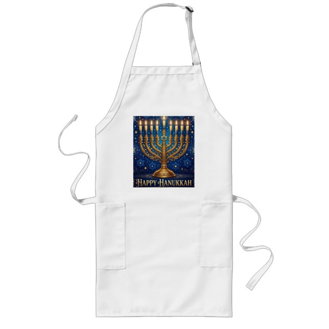 Rich Blue & Gold Jeweled Hanukkah  Long Apron (Front)