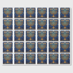 Rich Blue & Gold Jeweled Hanukkah Wrapping Paper
