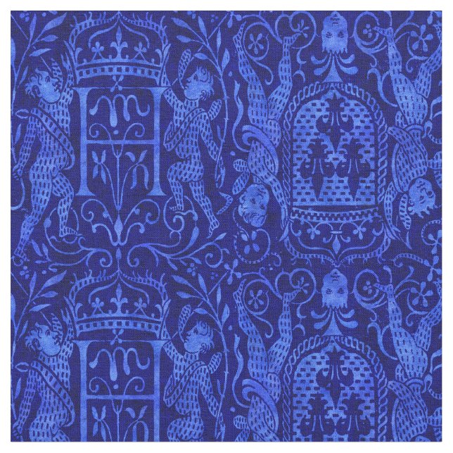 Rich Blue Medieval Tapestry with Cherubs Fabric (Close Up)