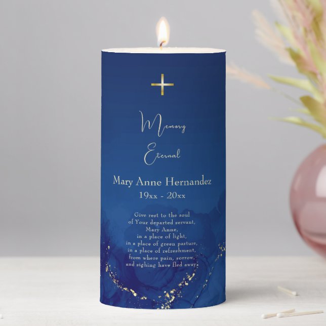 Rich Blue Orthodox Memorial Prayer Pillar Candle (In Situ)