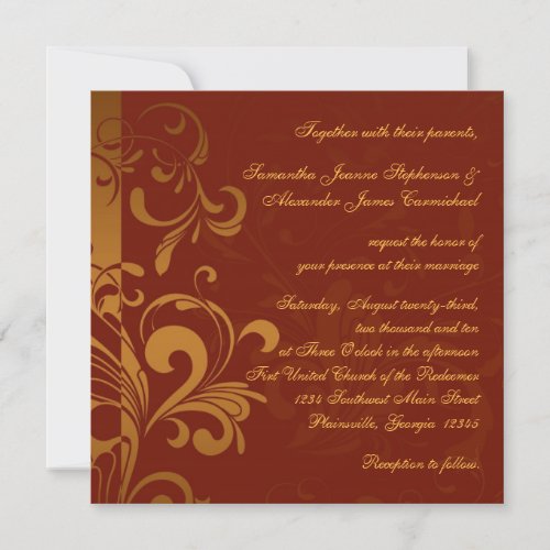 Rich Brick Red and Gold Reverse Swirl Square Invitations