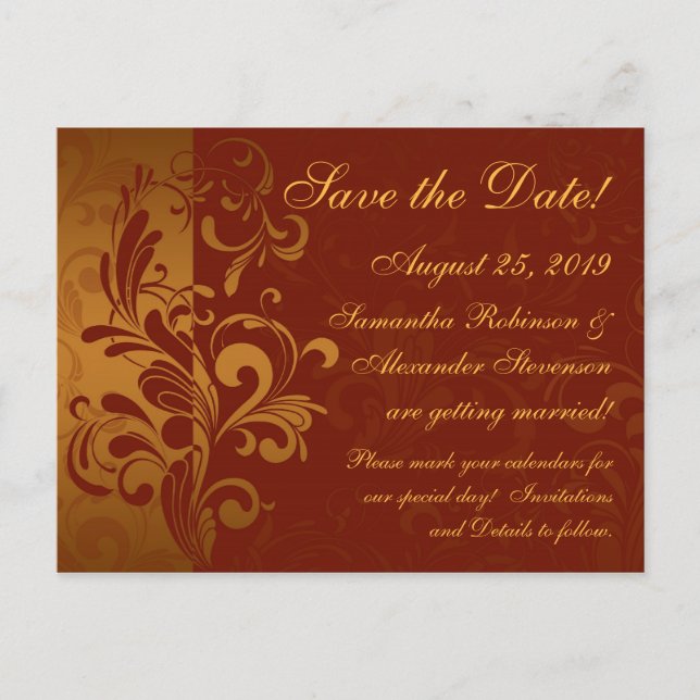 Rich Brick Red / Gold Reverse Swirl Save the Date Announcement Postcard (Front)