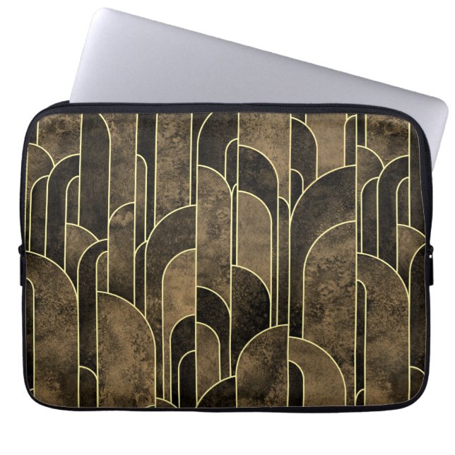 Rich Brown and Gold Art Deco Pattern Laptop Sleeve (Front)