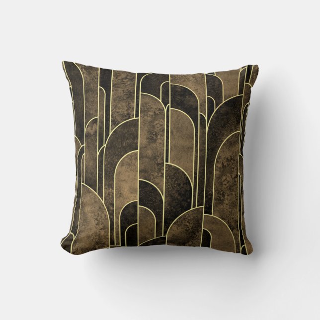Rich Brown and Gold Art Deco Pattern Throw Pillow (Front)