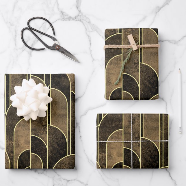 Rich Brown and Gold Art Deco Pattern Wrapping Paper Sheets (Front)