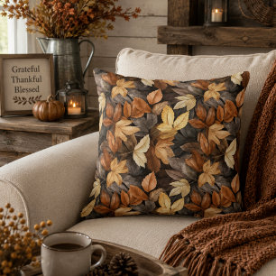 Rich Brown Beige Autumn Leaves Rustic Farmhouse Throw Pillow