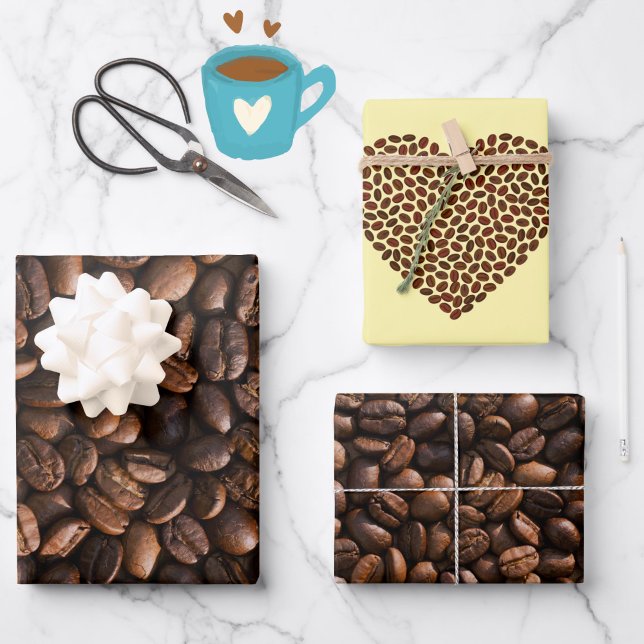 Rich Brown Coffee Beans + Hearts Pattern Wrapping Paper Sheets (Fun wrapping paper for the coffee fan in your life!)