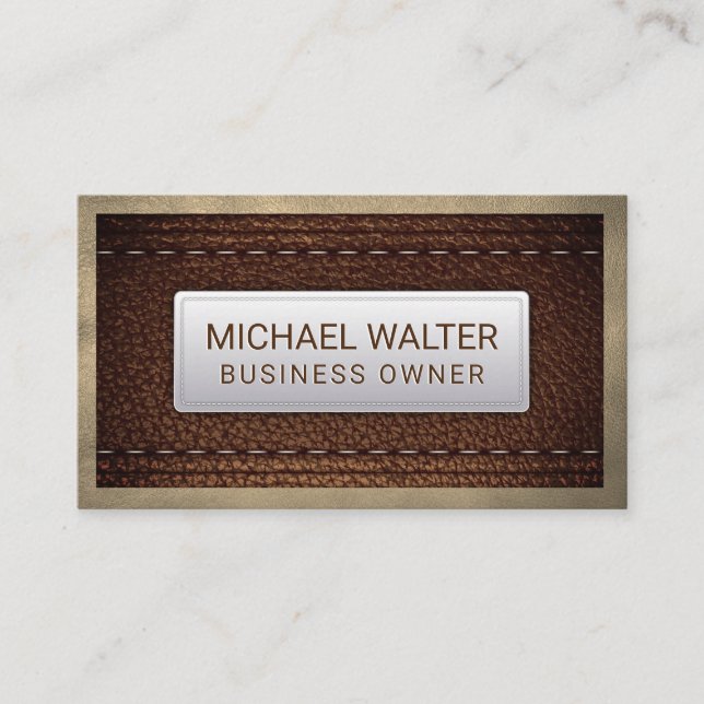 Rich Brown Leather Stitched | Leather Border Business Card (Front)
