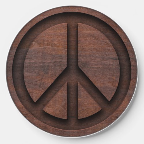 Rich Brown Wood Carved Peace Sign  Wireless Charger