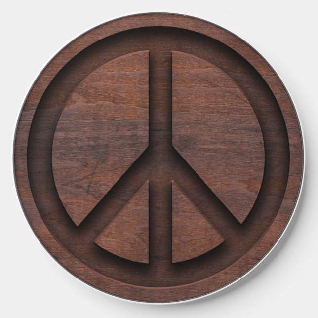 Rich Brown Wood Carved Peace Sign  Wireless Charger (Front)