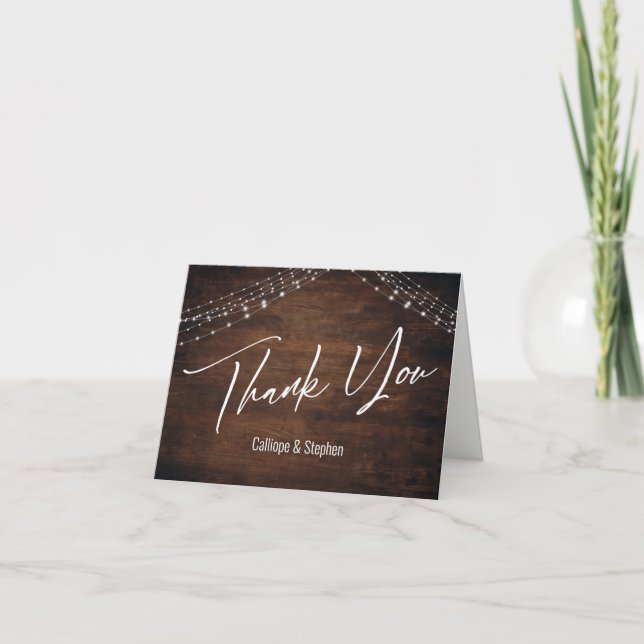 Rich Brown Wood, White Light Strings Thank You Card (Front)