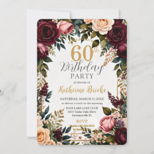 Rich Burgundy and Blush Vintage Floral Birthday Invitation