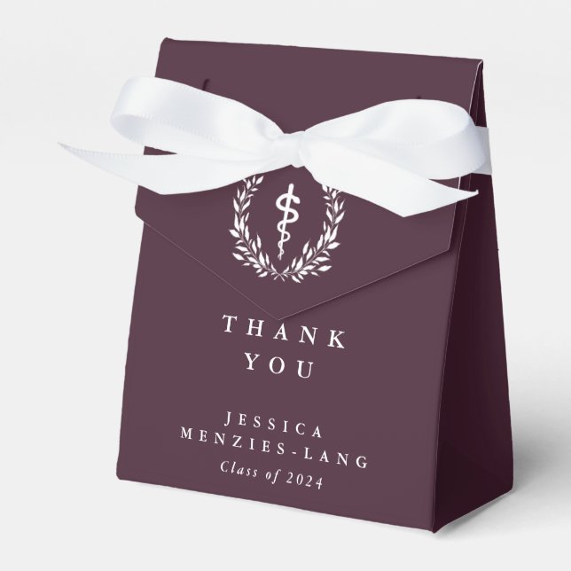 Rich Burgundy Asclepius Medical Graduation Favor Boxes (Front Side)