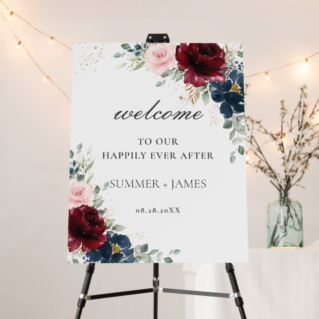Rich Burgundy Blue Blush Floral Wedding Welcome   Foam Board (In Situ (Stand))